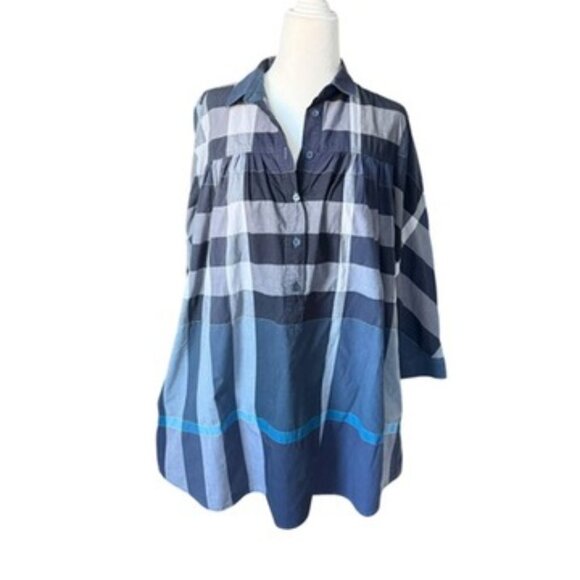 Burberry Brit Womens Cotton Checkered Print Button-Up Blouse Blue Size S Tunic - Picture 8 of 16
